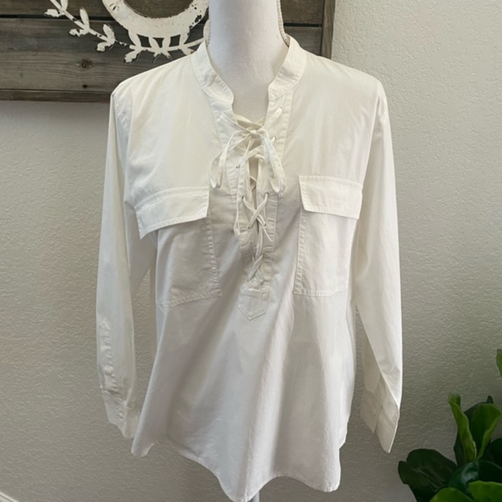 Madewell Terrace white cotton corset tie front blouse size L